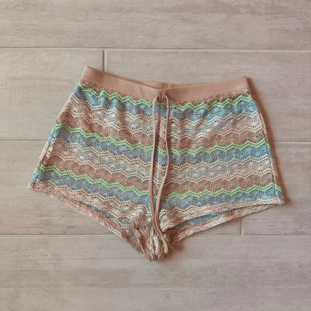 Wild Fable Crochet Cover Up Shorts Multi Striped Pastel Pull On Drawstring Small